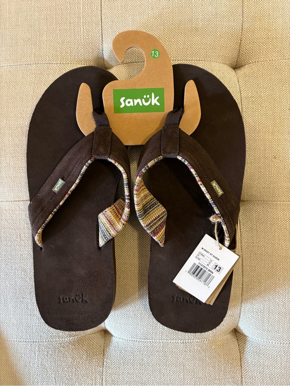 NWT Sanuk Men's Ziggy St Suede Flip Flops Sandals Size 13